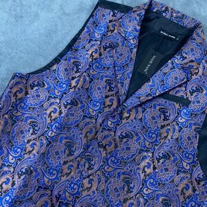 NWT Barry Wang Mens XL Waistcoat Vest Blue Gold Paisley Silk Jacquard V-Neck